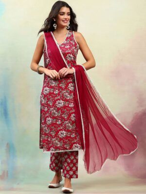women floral printed regular pure cotton kurta with palazzos & with dupatta