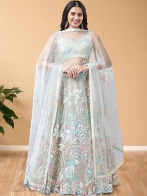 ethnic plus embroidered sequinned semi stitched net lehenga & blouse with dupatta