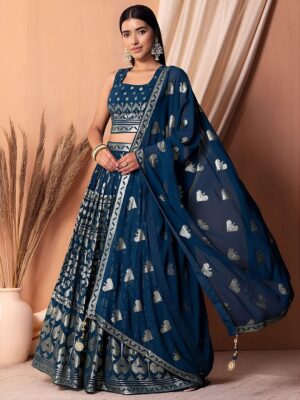 ethnic plus embroidered sequinned semi stitched georgette lehenga & blouse with dupatta