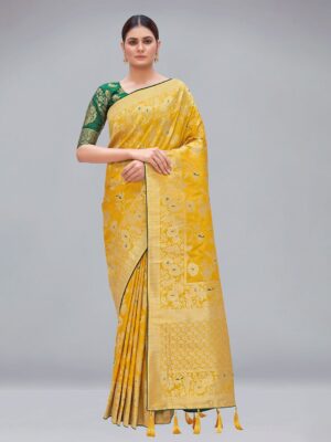 monjolika fashion yellow & gold toned woven design banarasi saree