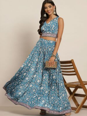 kaizen texo fab floral printed v neck semi stitched lehenga & unstitched choli