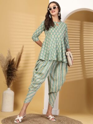 women floral printed keyhole neck pure cotton kurti with dhoti pants